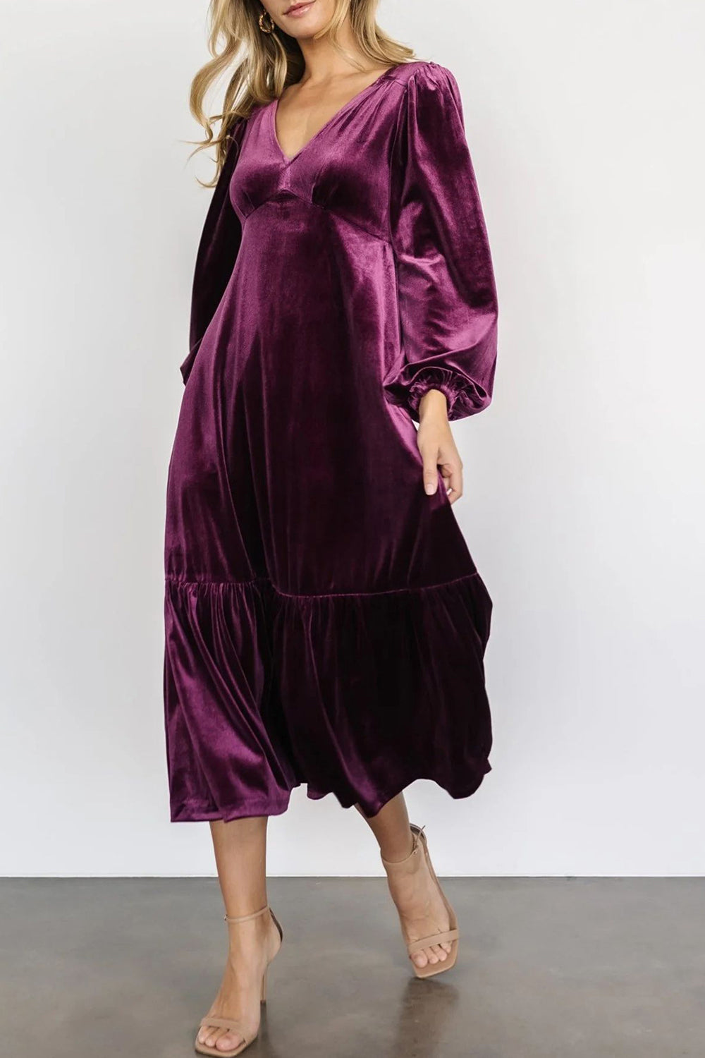 V-Neck Long Sleeve Midi Velvet Dress