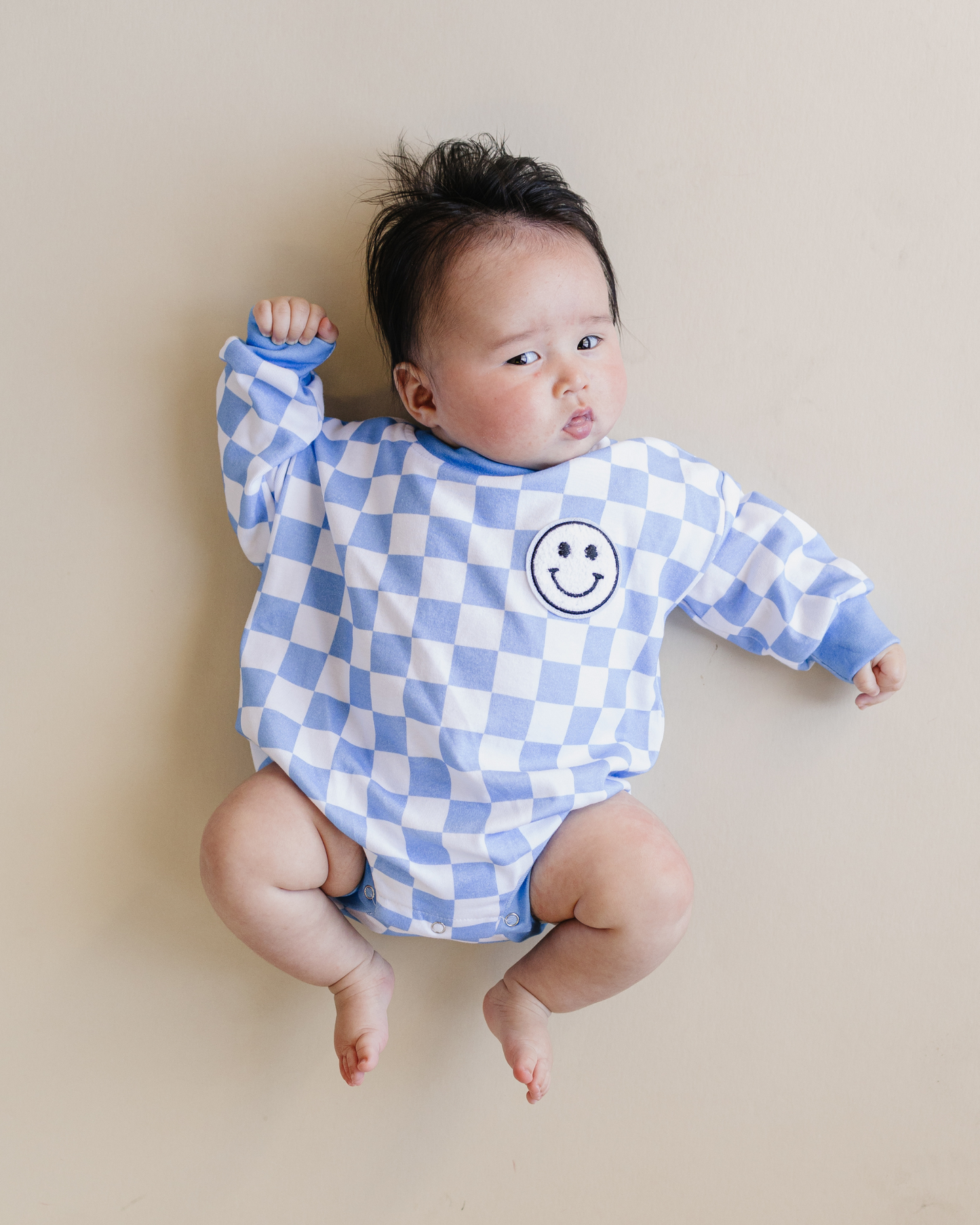 Bubble Romper | Checkered Smiley Blue