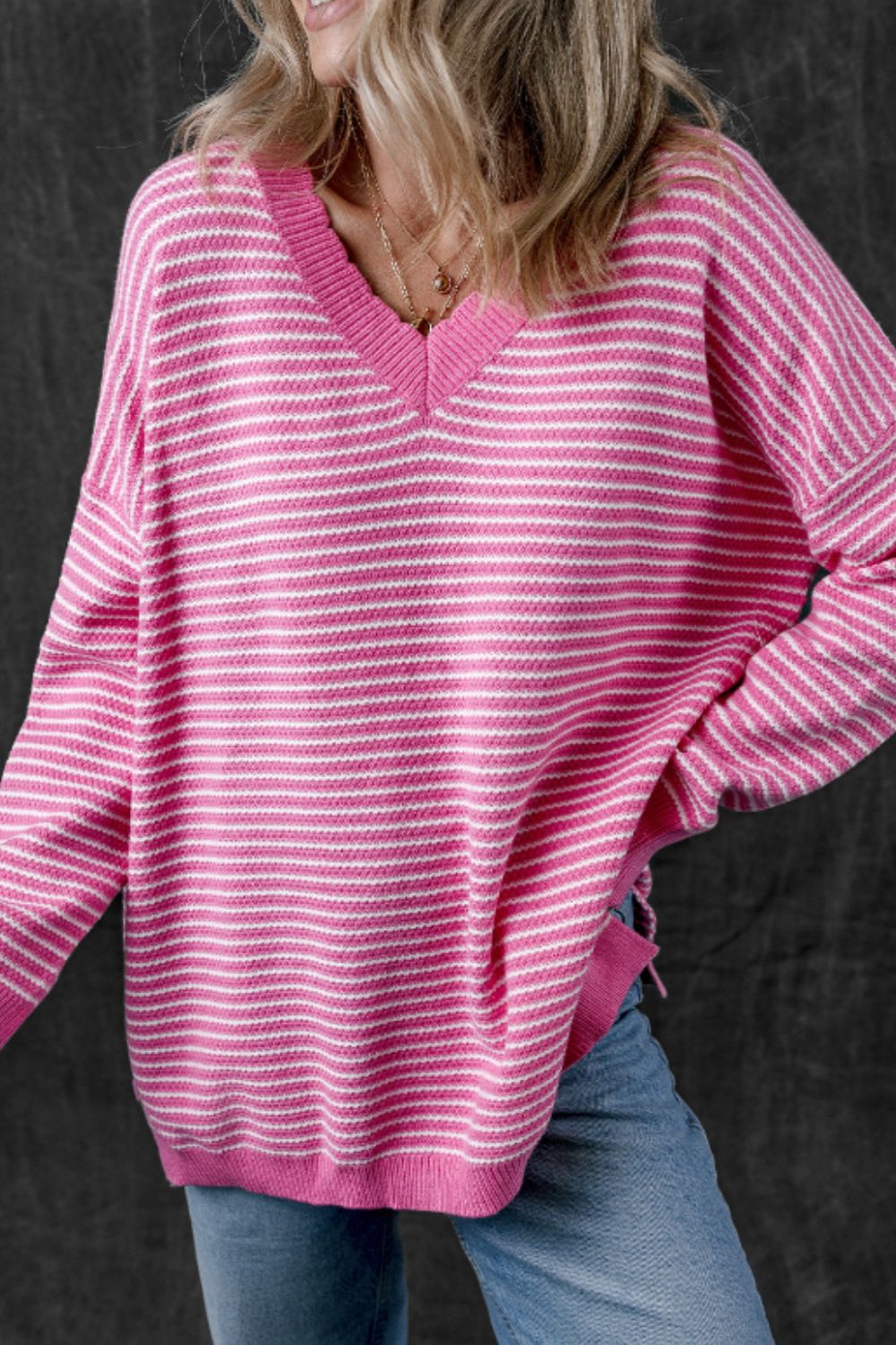 Striped V-Neck Dropped Shoulder Sweater