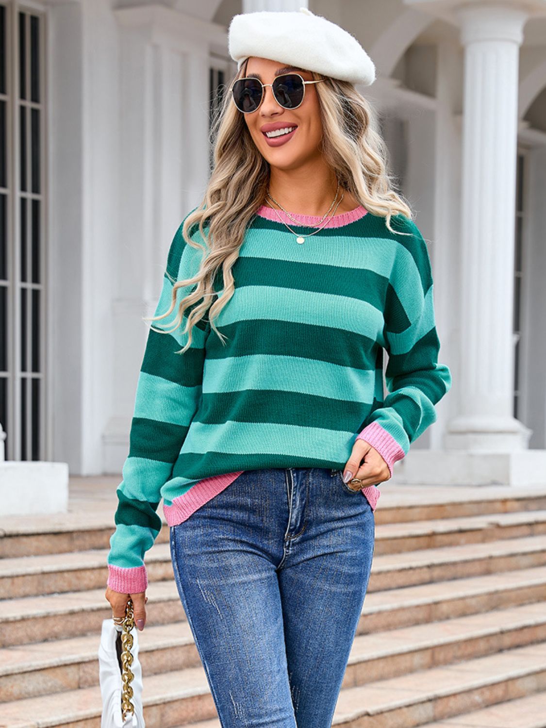 Striped Round Neck Dropped Shoulder Sweater