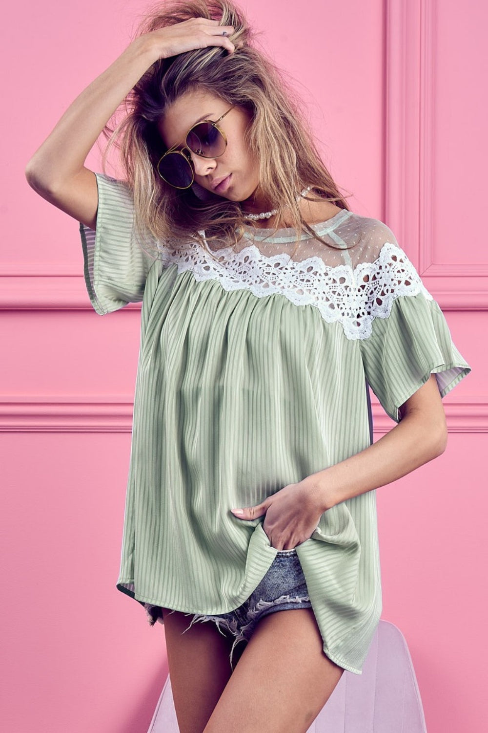 BiBi Lace Detail Short Sleeve Striped Blouse