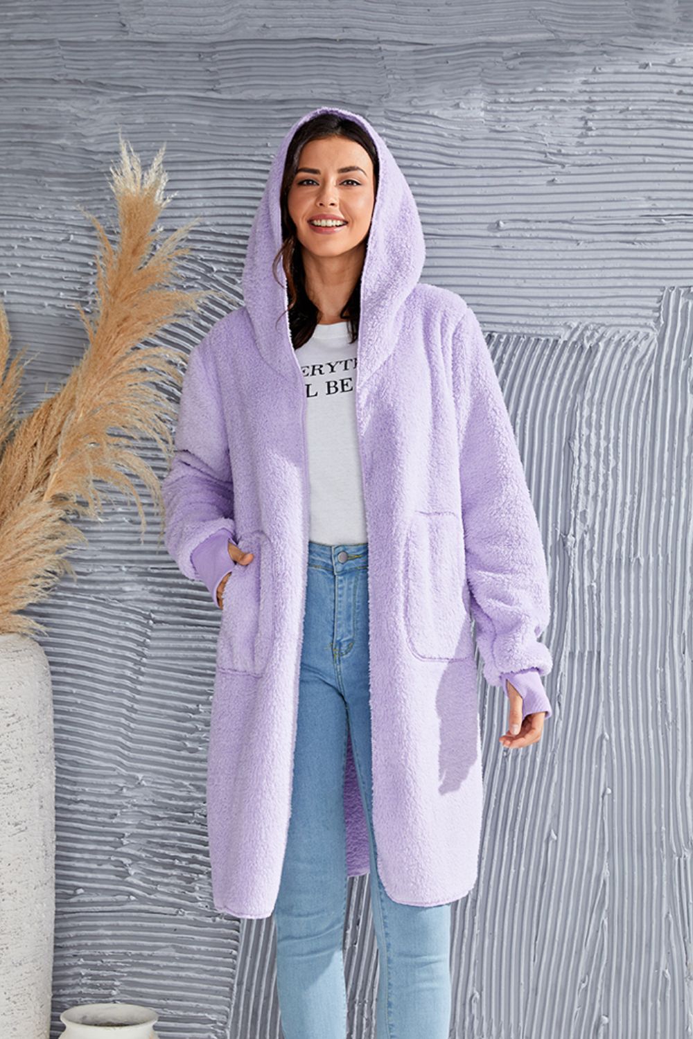 Double Take Full Size Hooded Teddy Bear Jacket with Thumbholes