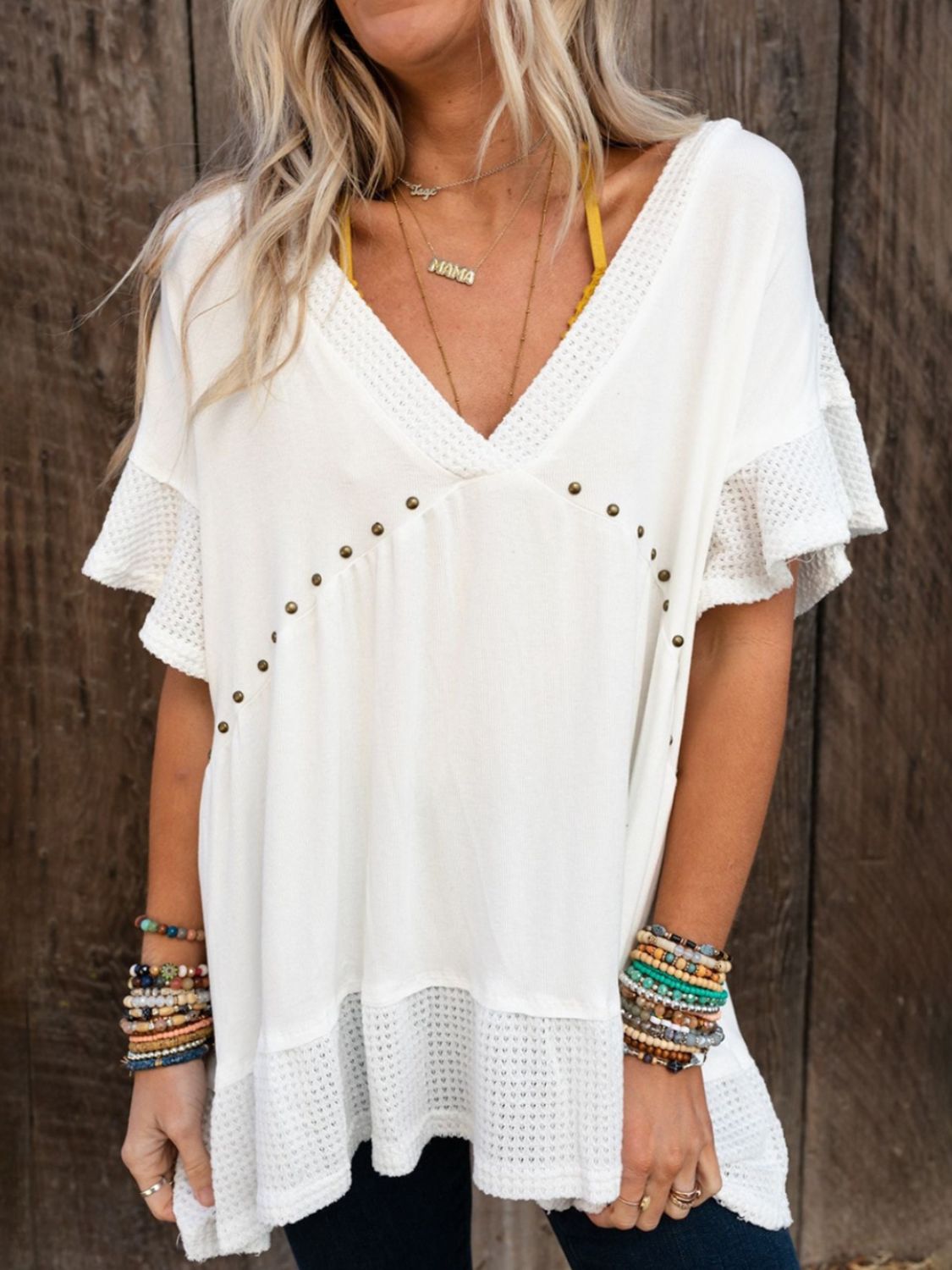 Studded V-Neck Half Sleeve Top