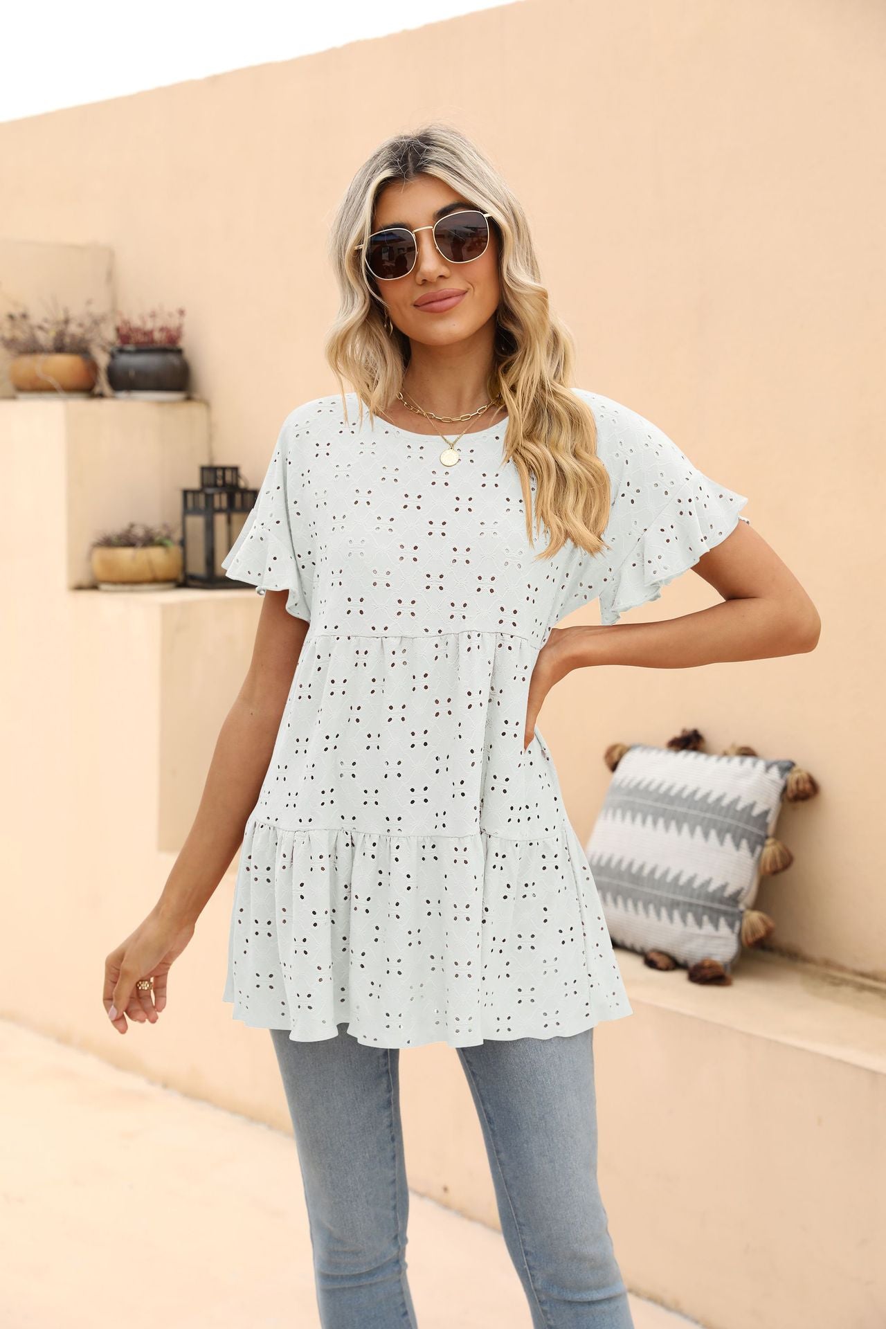 Openwork Round Neck Flounce Sleeve Blouse