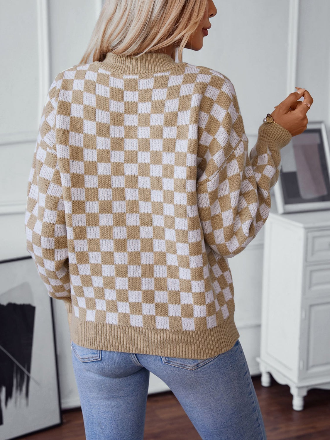 Checkered V-Neck Dropped Shoulder Sweater