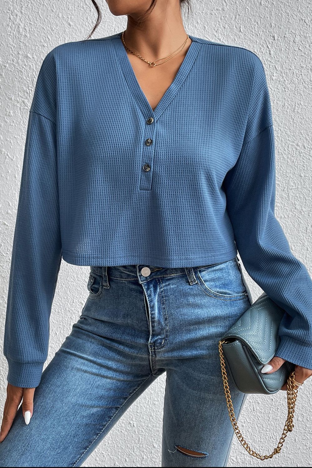 Ivy Lane Cropped V-Neck Raglan Sleeve Buttoned Blouse