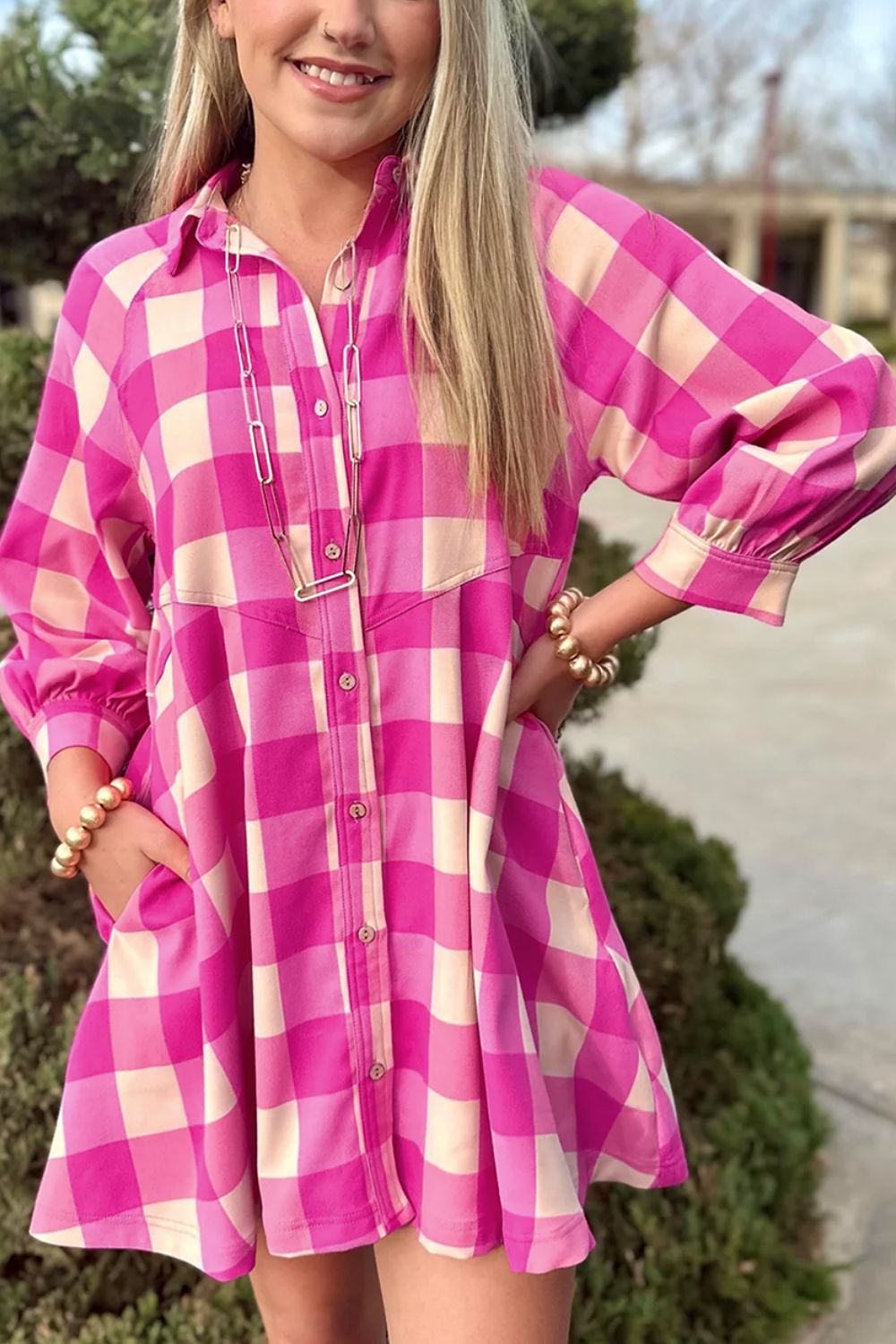 Ruched Plaid Three-Quarter Sleeve Shirt Dress