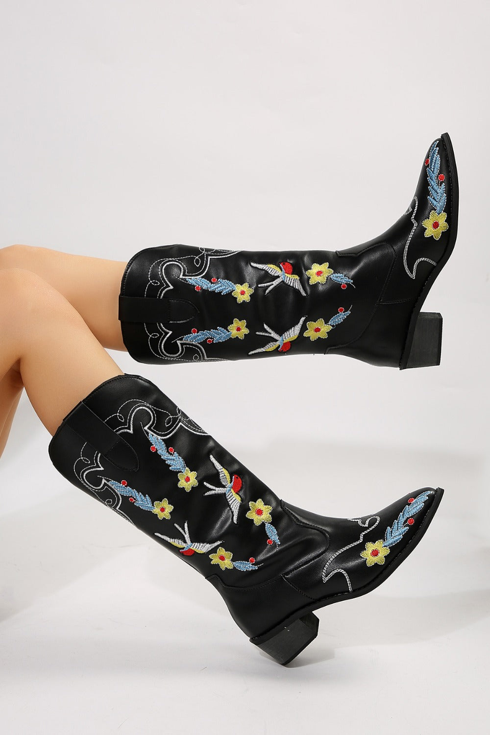 Embroidered Point Toe Block Heel Boots