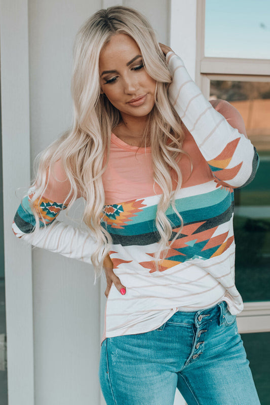 Geometric Round Neck Long Sleeve T-Shirt