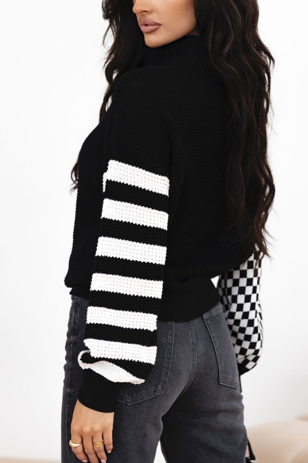 Striped & Checkered Turtleneck Dropped Shoulder Sweater