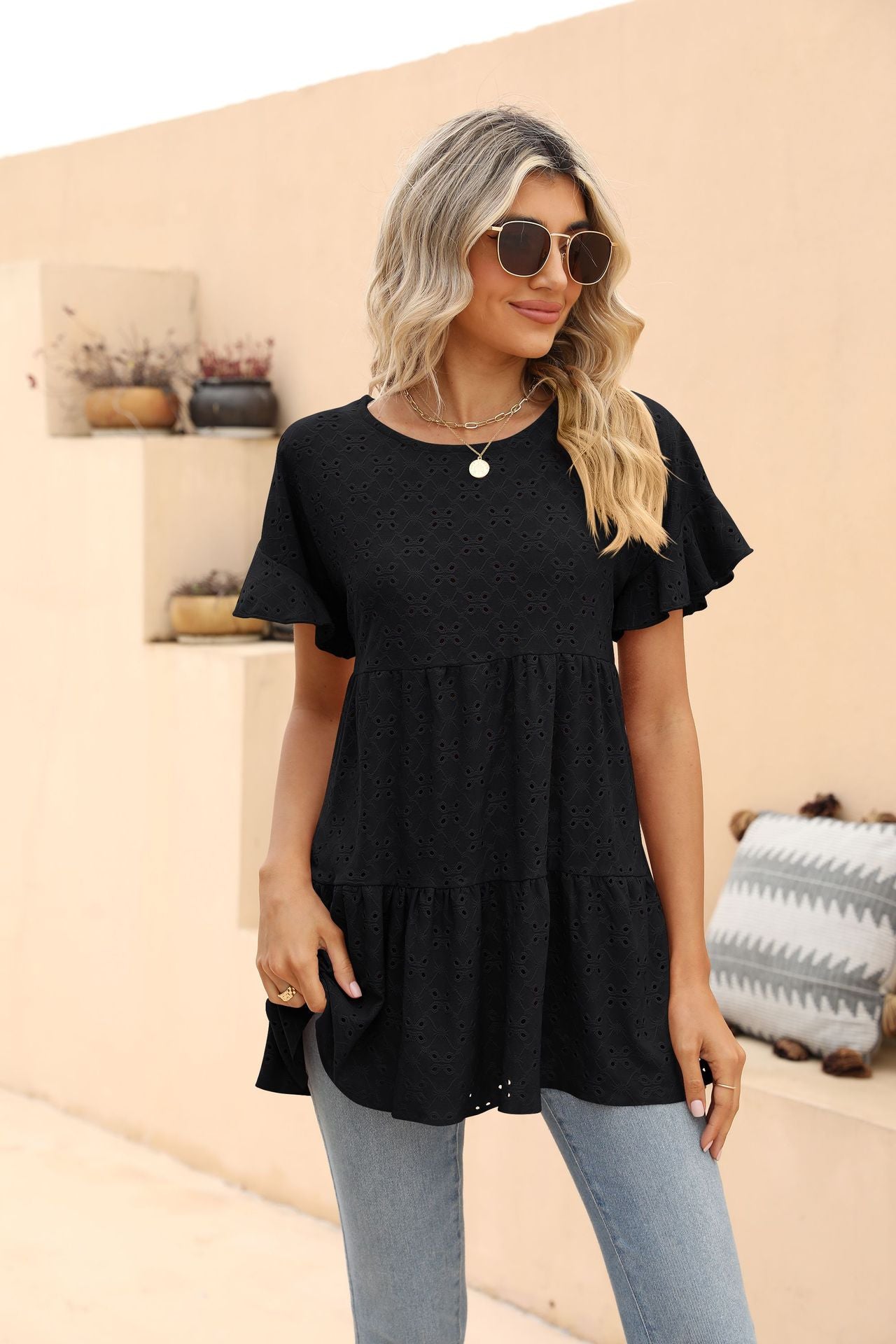 Openwork Round Neck Flounce Sleeve Blouse