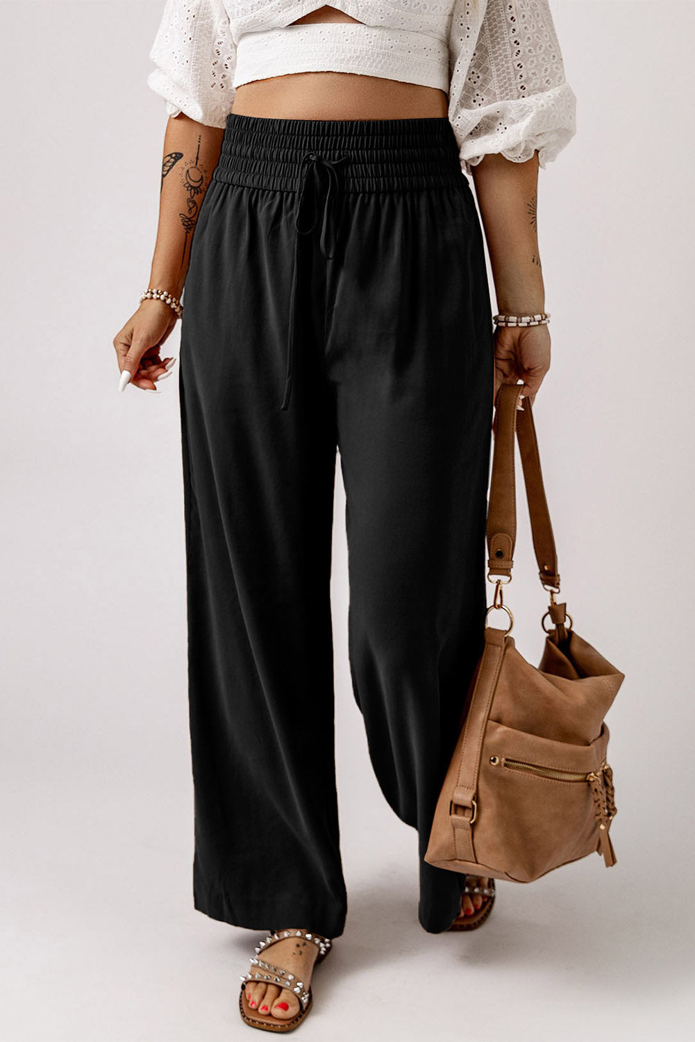 Drawstring Smocked Waist Wide Leg Pants