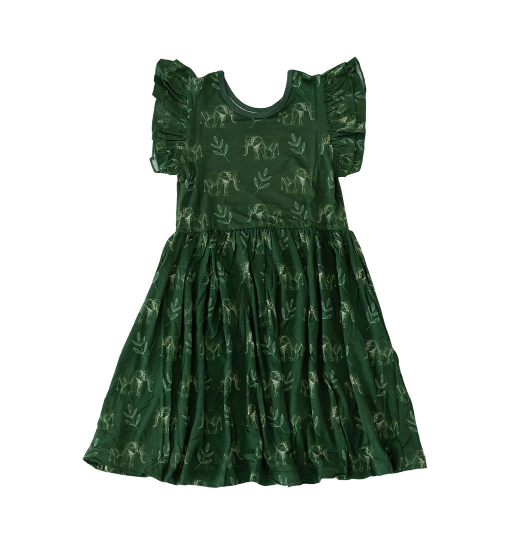 Flutter Sleeve Twirl Dress - Elephants