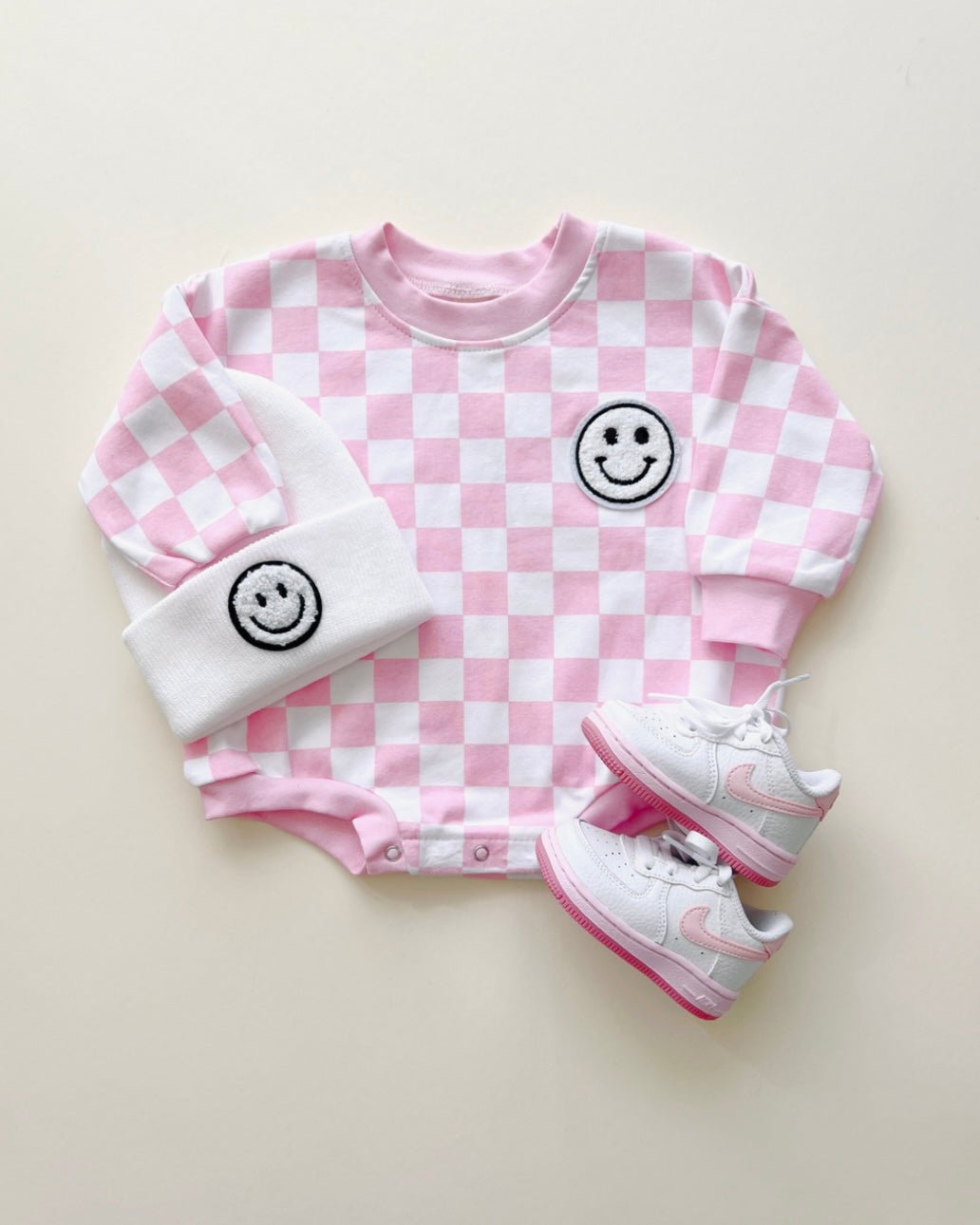 Bubble Romper | Checkered Smiley Pink