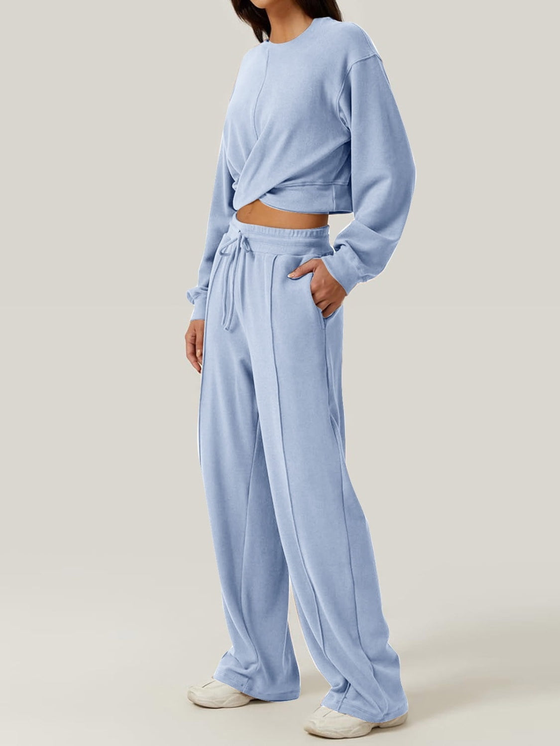 Crisscross Round Neck Top and Drawstring Pants Set