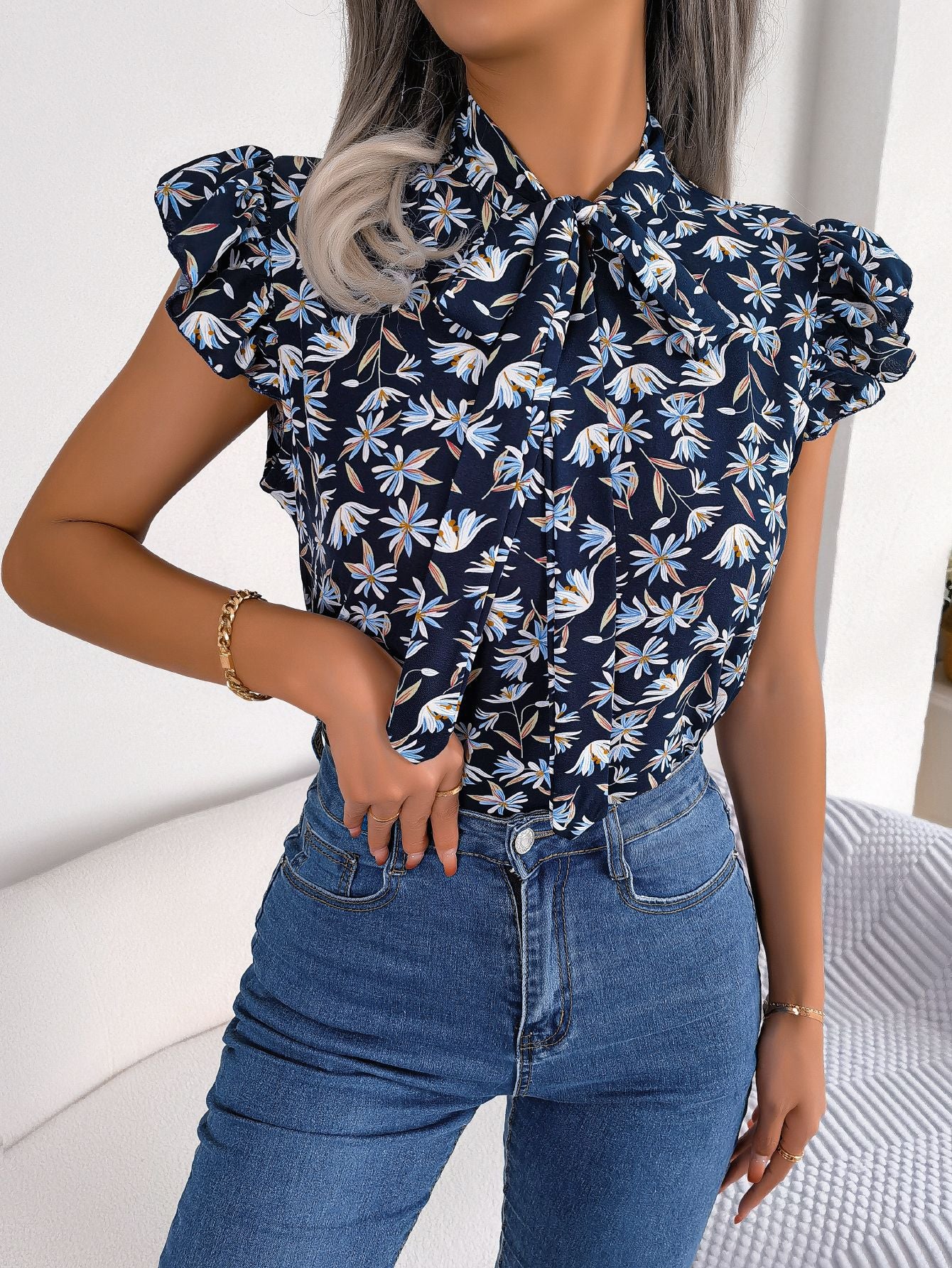 Floral Tie Neck Flutter Sleeve Blouse