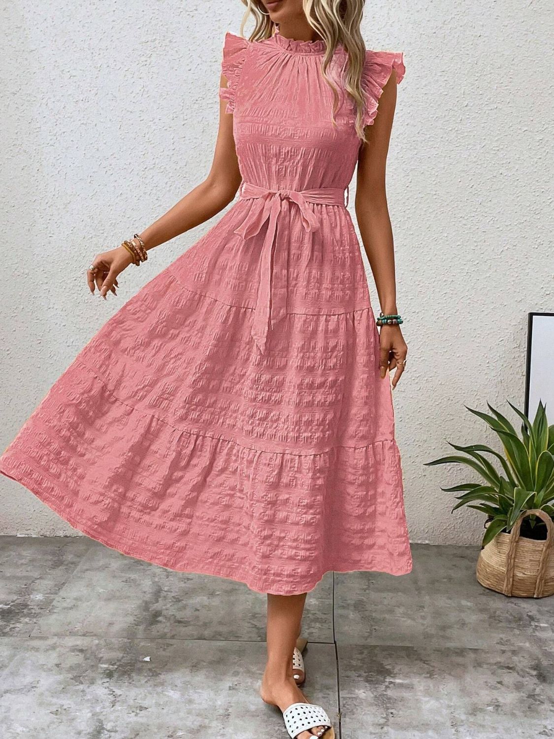 Tied Ruffled Cap Sleeve Midi Dress