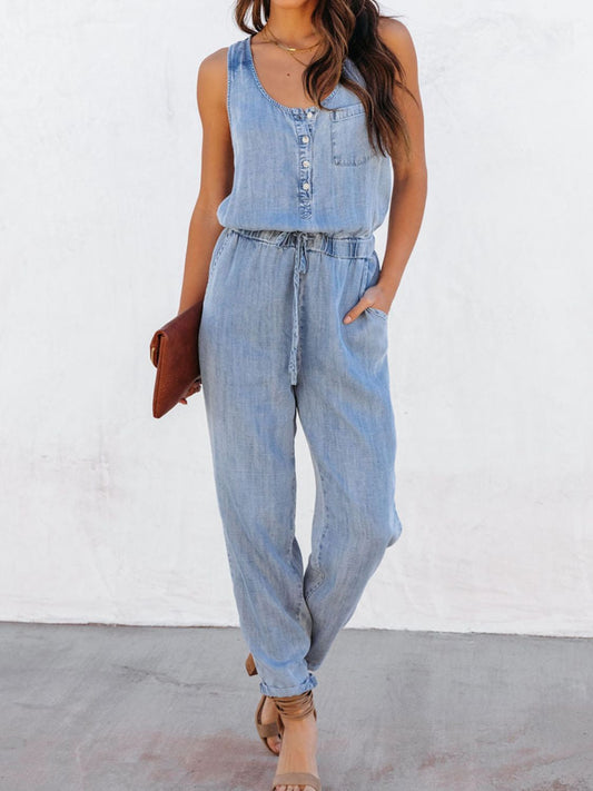 Drawstring Waist Sleeveless Jumpsuit