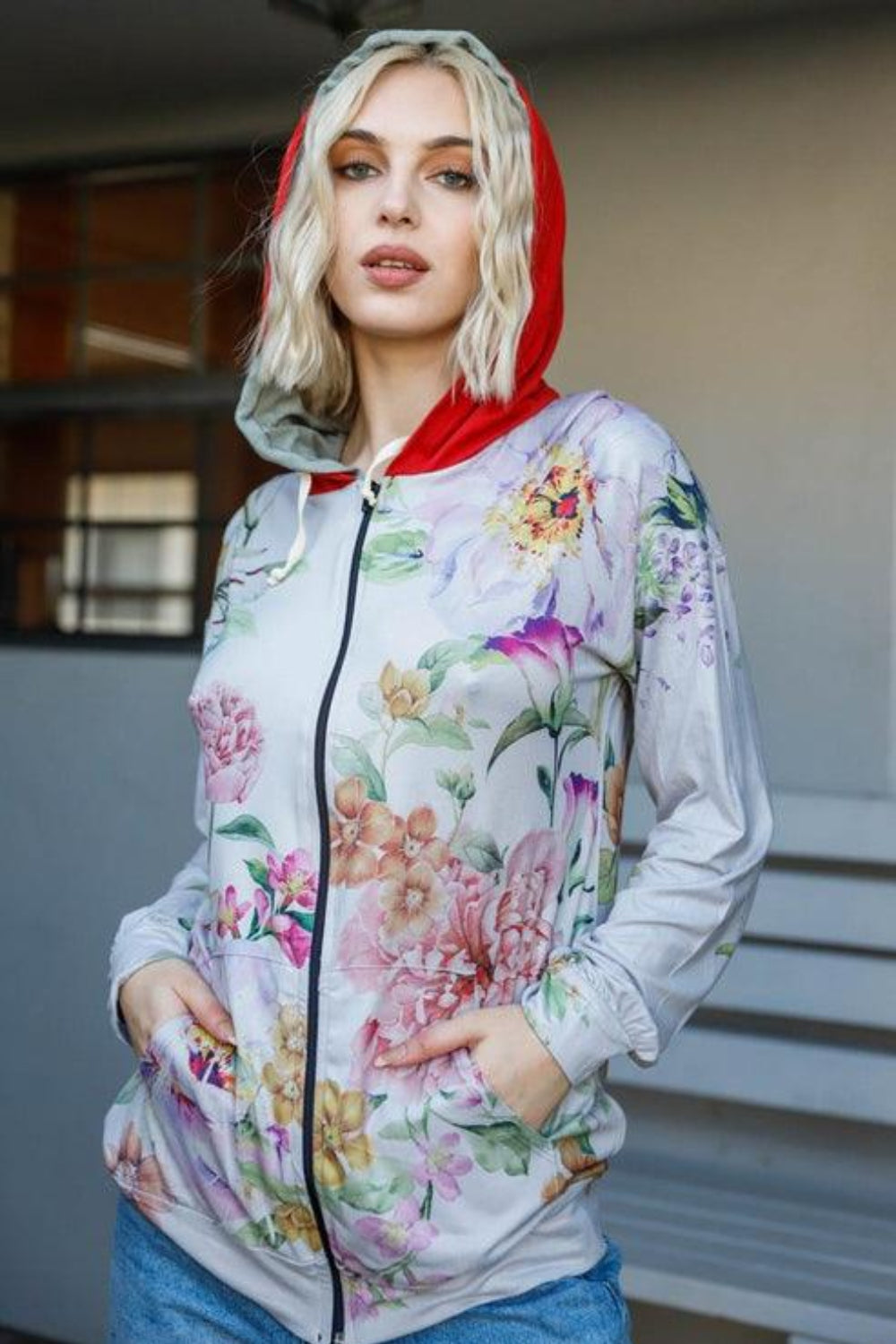 Blumin Apparel Full Size Floral Zip Up Hoodie