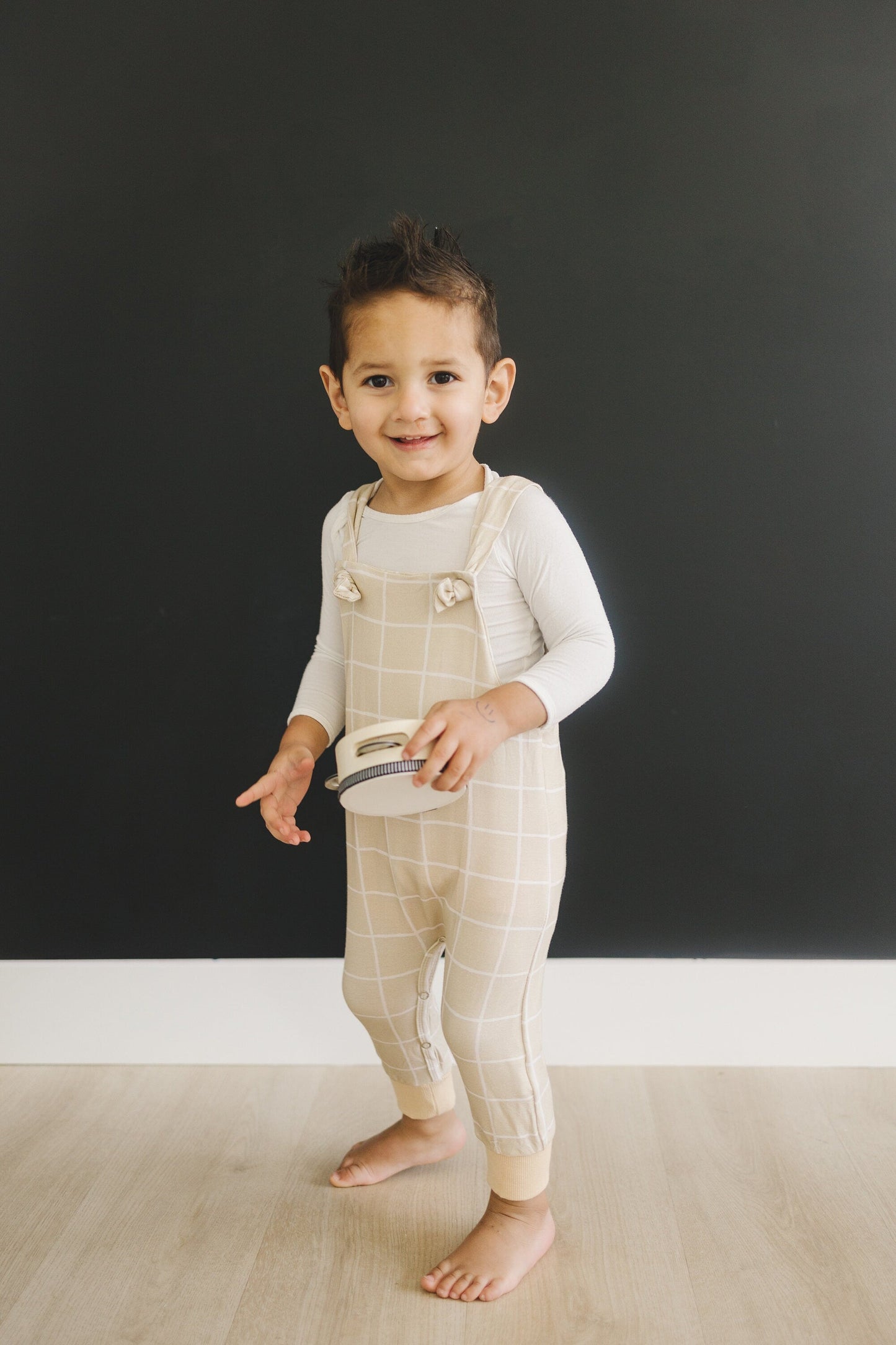 Neutral Plaid Bamboo Knotted Overalls