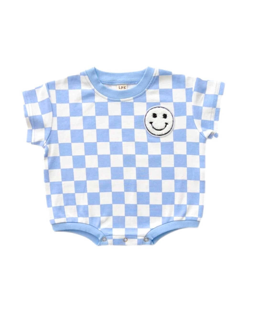 Short Sleeve Bubble Romper | Checkered Smiley Blue