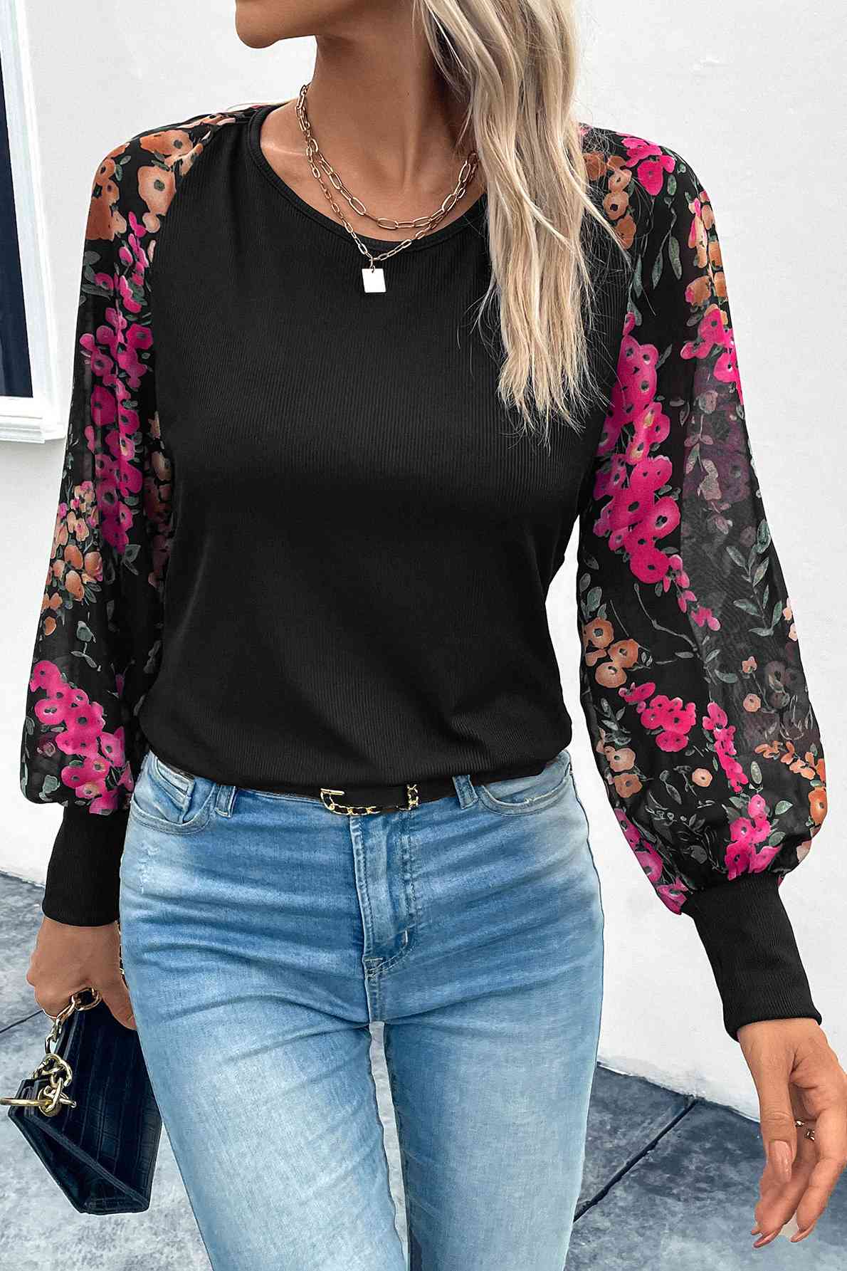 Floral Round Neck Lantern Sleeve Blouse