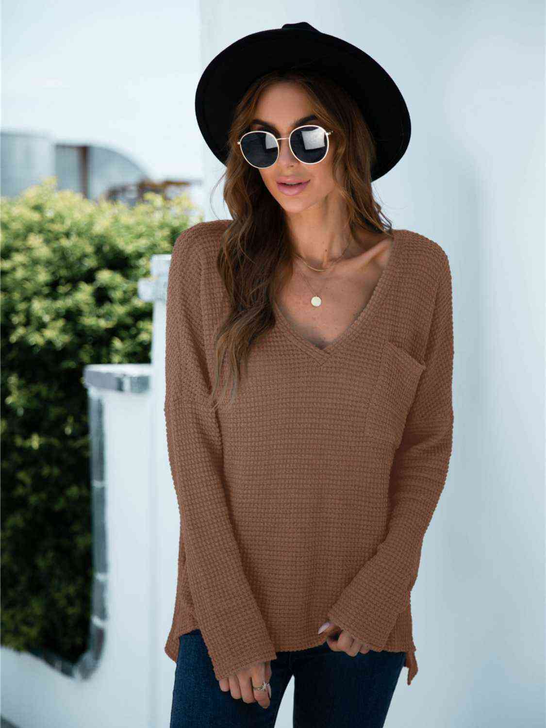 Plunge Slit T-Shirt with Pocket