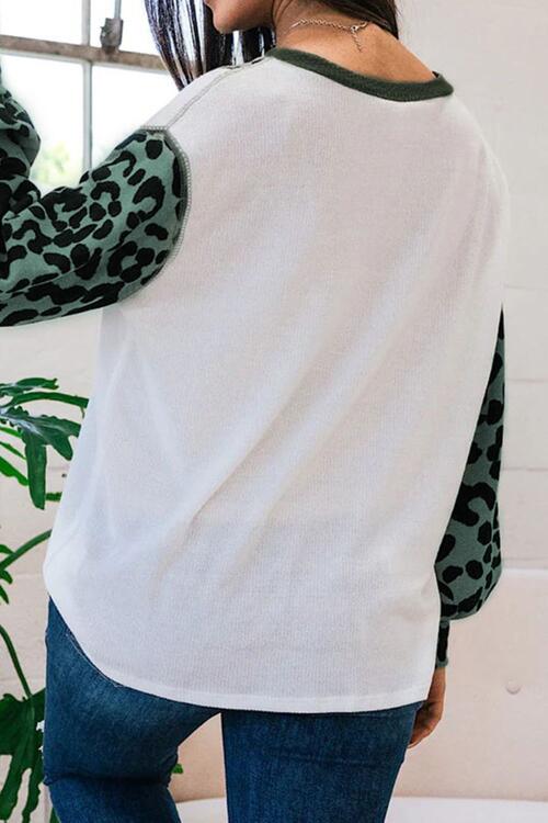 Leopard Color Block Exposed Seam Blouse