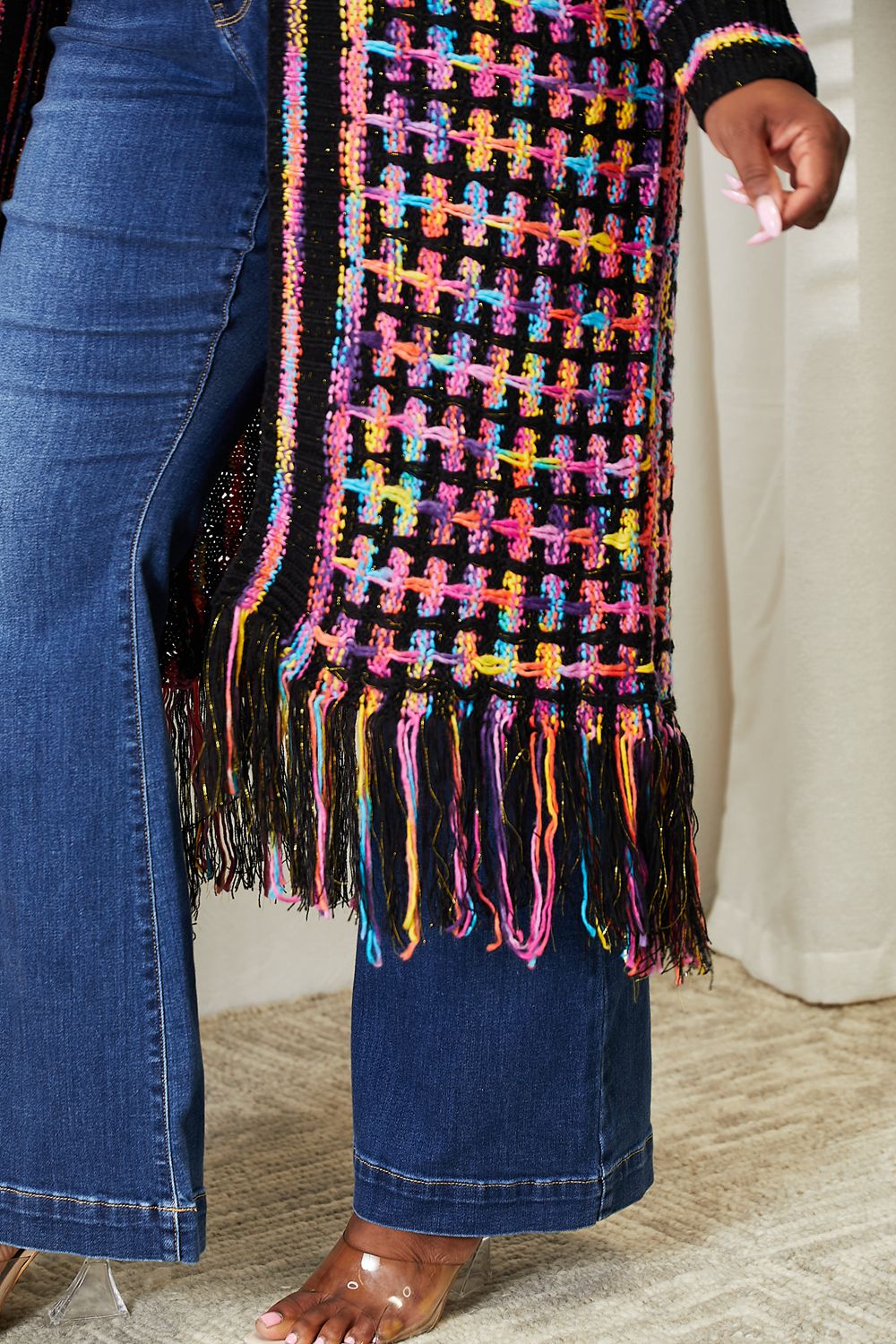 Double Take Full Size Multicolored Open Front Fringe Hem Cardigan